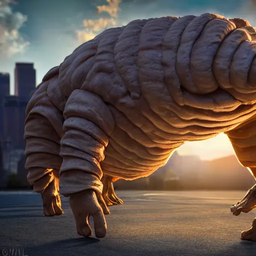 Image similar to colossal tardigrade, new york attack, golden hour, cinematic, action shot