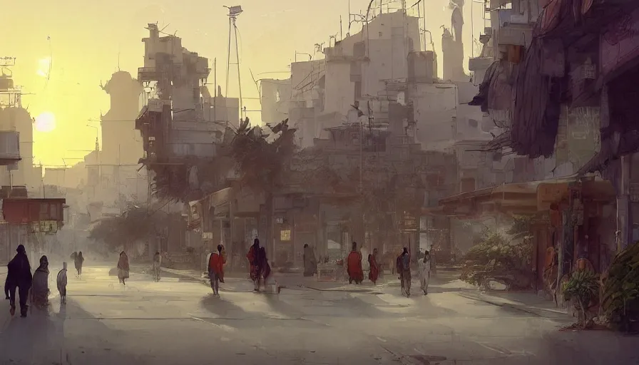 Prompt: jeddah city street, roshan, shops, a bright pharmacy, a nomad wearing a worn out coat, plants, tree, dramatic lighting, sci fi, by caspar david friedrich by james gilleard and justin gerard, centered, artstation, smooth, sharp focusa, by jean baptiste monge