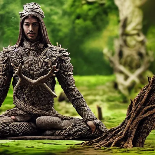 Prompt: warrior with surface of tree - bark, wearing stone wood vines antlers armor, sitting in lotus position, meditation, highly detailed, dramatic lighting, cinematic, sci - fi, hyperrealistic, detailed