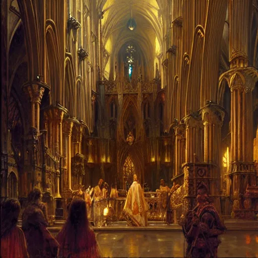 Image similar to inside a giant medieval cathedral, ornate and intricate details. highly detailed painting by gaston bussiere, craig mullins, j. c. leyendecker 8 k