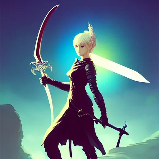 Prompt: a woman holding a sword with a dragon on it, concept art by Ilya Kuvshinov, contest winner, fantasy art, official art, concept art, high detail, experimental, high quality, 4k