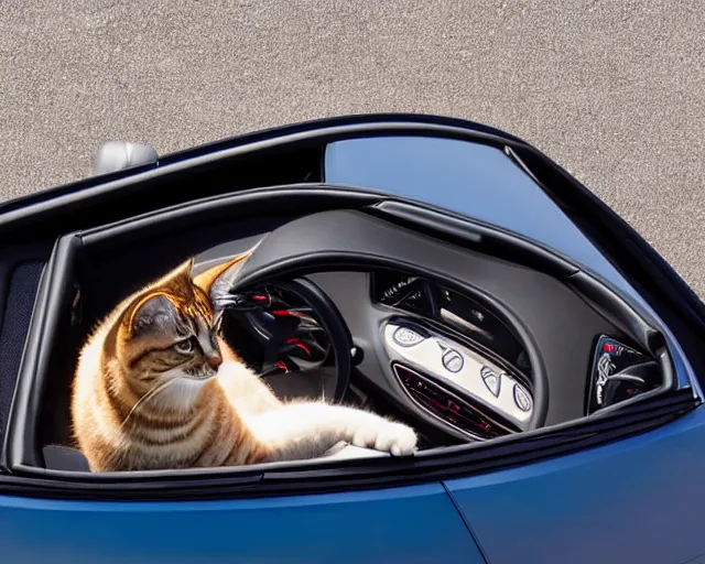 Prompt: top view of cabriolet with open roof, cat sitting in driver seat with paws resting on steering wheel, golden hour