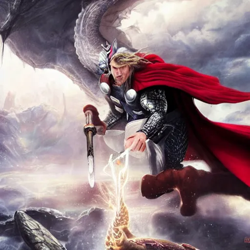 Prompt: thor fighting a dragon, artstation hall of fame gallery, editors choice, #1 digital painting of all time, most beautiful image ever created, emotionally evocative, greatest art ever made, lifetime achievement magnum opus masterpiece, the most amazing breathtaking image with the deepest message ever painted, a thing of beauty beyond imagination or words
