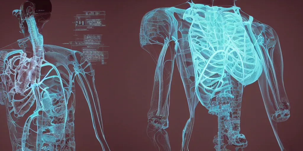 Image similar to detailed view of an xray machine screen with an xray of lungs on the screen, hyper detailed parts, designed by Goro Fujita and Simon Stalenhag, 8k, trending on Artstation, cinematic