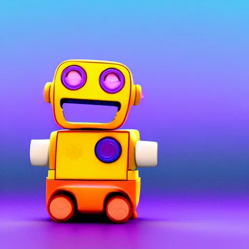 Prompt: high quality 3 d render made with blender of a colourful robot made of fisher price toys being driven by a smaller happy robot. the background is a purple gradient