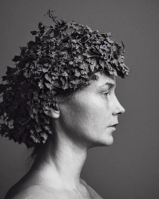 Prompt: a woman's face in profile, made of intricate decorative ivy, in the style of the dutch masters and gregory crewdson, dark and moody