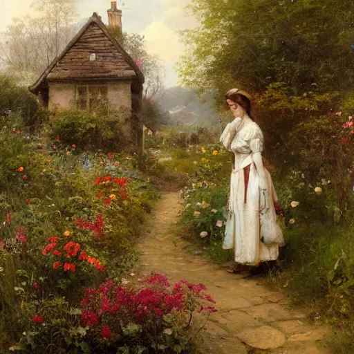 Prompt: jean-Baptiste Monge and Solomon Joseph Solomon and Richard Schmid and Jeremy Lipking victorian genre painting portrait painting of an english country cottage with a stone path and flower garden