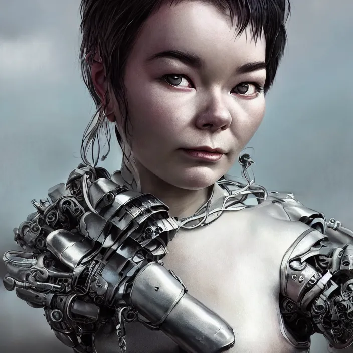 Image similar to hyper - realistic bjork leather cyborg - by tom bagshaw, by ilya kuvshinov, rtx rendering, octane render 1 2 8 k, maya, extreme high intricate details by wlop, digital anime art by ross tran, medium shot, close up shot, composition by sana takeda, dramatic lighting by greg rutkowski, 8 k, trending on artstation