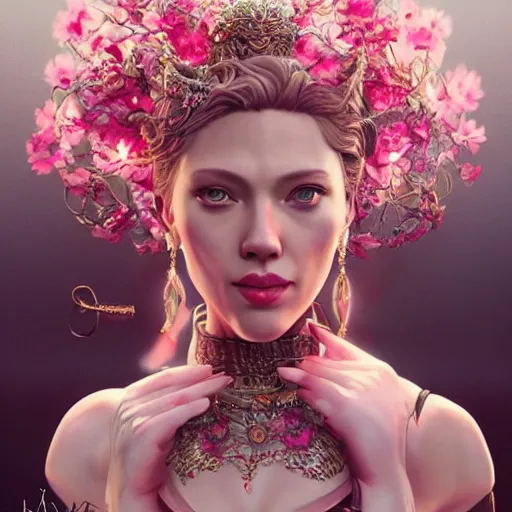 Image similar to scarlet johansonexpressive full body photo, of beautiful angel, smooth glowing skin, ornate headpiece made from pink flowers, glamour shot, by yoshitaka amano, by greg rutkowski, by jeremyg lipkinng, by artgerm, digital art, octane render