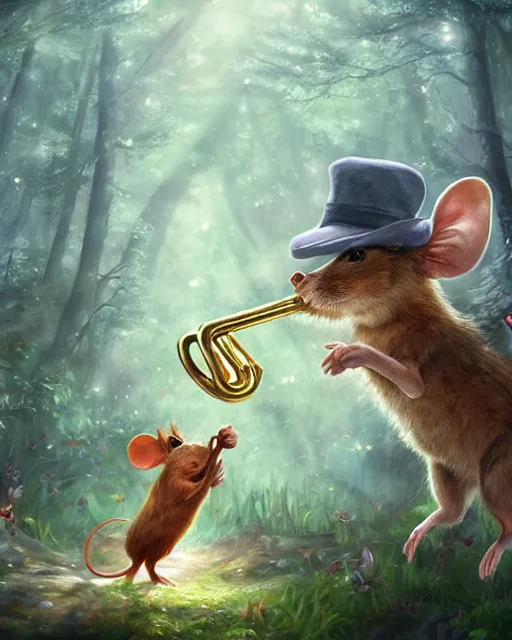 Prompt: Mouse playing Trumpet in magical forest, portrait, wearing hat, magical notes, fairy atmosphere, magic the gathering artwork, D&D, fantasy, cinematic lighting, centered, symmetrical, highly detailed, digital painting, artstation, concept art, smooth, sharp focus, illustration, volumetric lighting, epic Composition, 8k, art by Akihiko Yoshida and Greg Rutkowski and Craig Mullins, oil painting, cgsociety