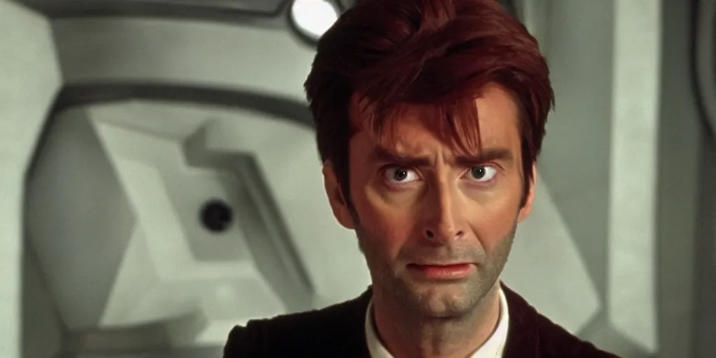 Image similar to David Tennant as Doctor Who, in Starfleet uniform, in the role of Captain Kirk in a scene from Star Trek the original series