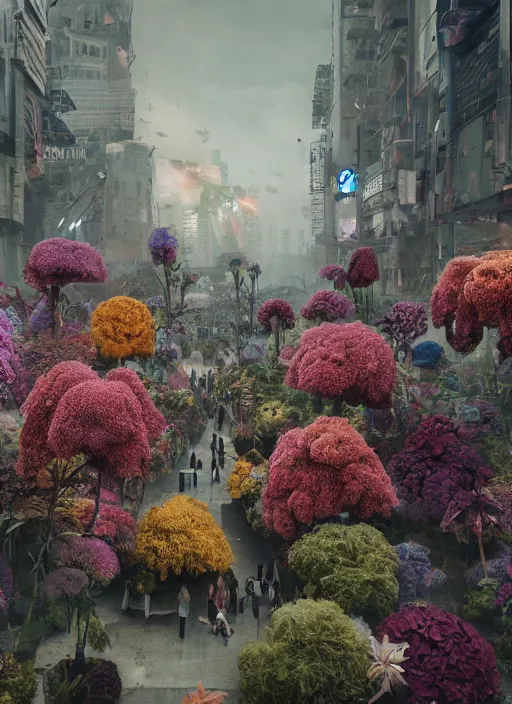 Image similar to A dystopian future in a city made up of the most incredible flowers ever seen, evil, demonic, angelic, flowers, nature, city, environment concept, cinematic, Rendered in Octane, trending on artstation, cgsociety, moody lighting rendered by octane engine, environment 8K artstation, cinematic lighting, intricate details, 8k detail post processing, hyperealistic, octane render, photo realism, visually inspired by Blade Runner 2049