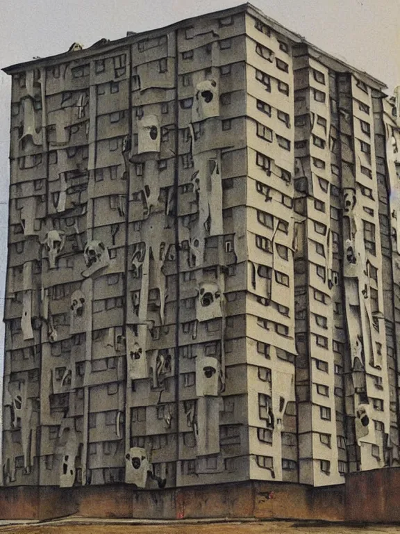 Image similar to painting of Soviet apartment building jewelered with skulls, by Vereschagin