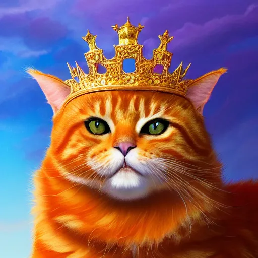 Prompt: colossal fluffy orange royal king tabby cat wearing a golden crown, golden hour, fantasy, vivid colors, sharp focus, digital art, hyper - realistic, 4 k, unreal engine, highly detailed, hd, dramatic lighting by brom, trending on artstation