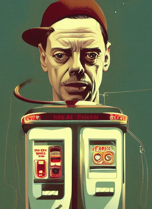 Image similar to poster artwork by Michael Whelan and Tomer Hanuka, Karol Bak of Steve Buscemi the local gas station attendant, from scene from Twin Peaks, clean, simple illustration, nostalgic, domestic, full of details