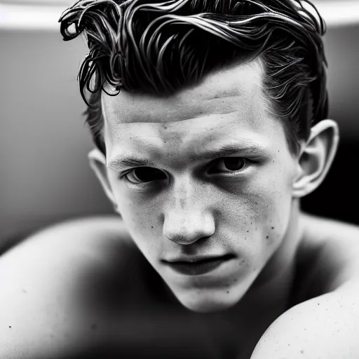 Image similar to photographic portrait by Annie Leibovitz of Tom Holland in a hot tub, foggy, black and white, moody, sigma 85mm f/1.4, 15mm, 35mm, 4k, high resolution, 4k, 8k, hd, full color
