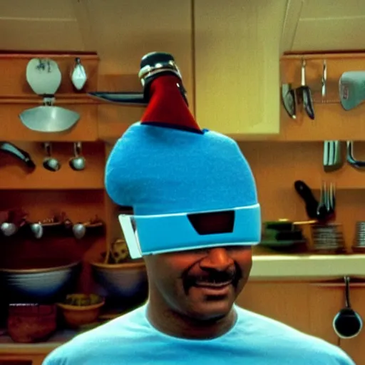 Image similar to Geordi LaForge wearing visor and a colander and random kitchen tools on his head