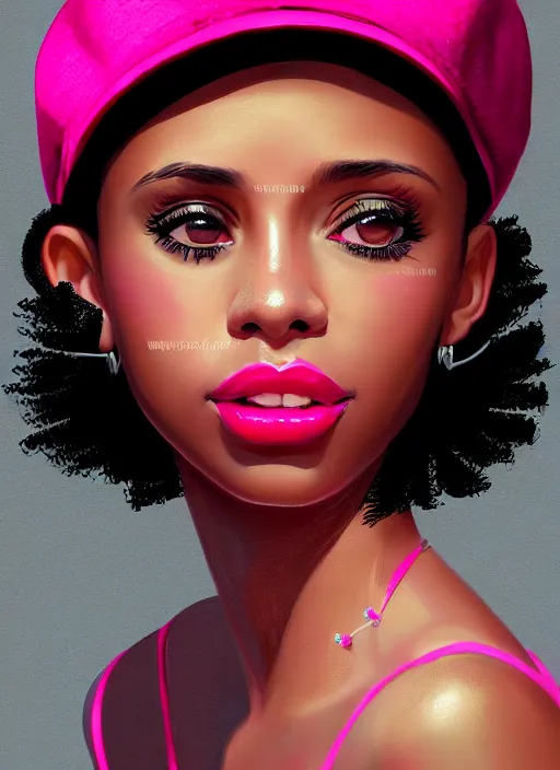 Image similar to portrait of young vanessa morgan with bright pink hair, black girl, vanessa morgan, curly pixie cut hair, wearing newsboy cap, newsboy cap, hoop earrings, intricate, elegant, glowing lights, highly detailed, digital painting, artstation, concept art, smooth, sharp focus, illustration, art by wlop, mars ravelo and greg rutkowski