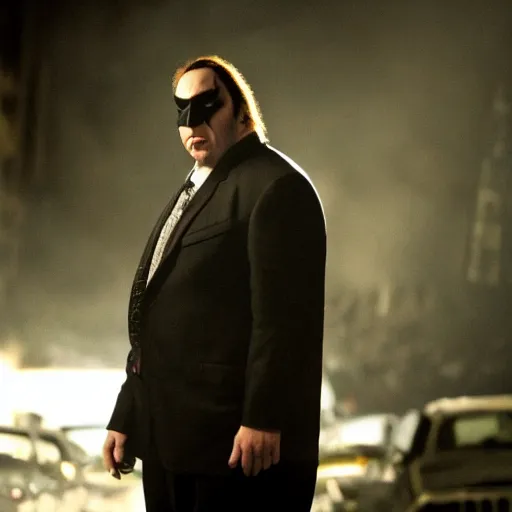 Image similar to a fat nic cage playing batman in the dark knight rises, hd digital photography, movie still