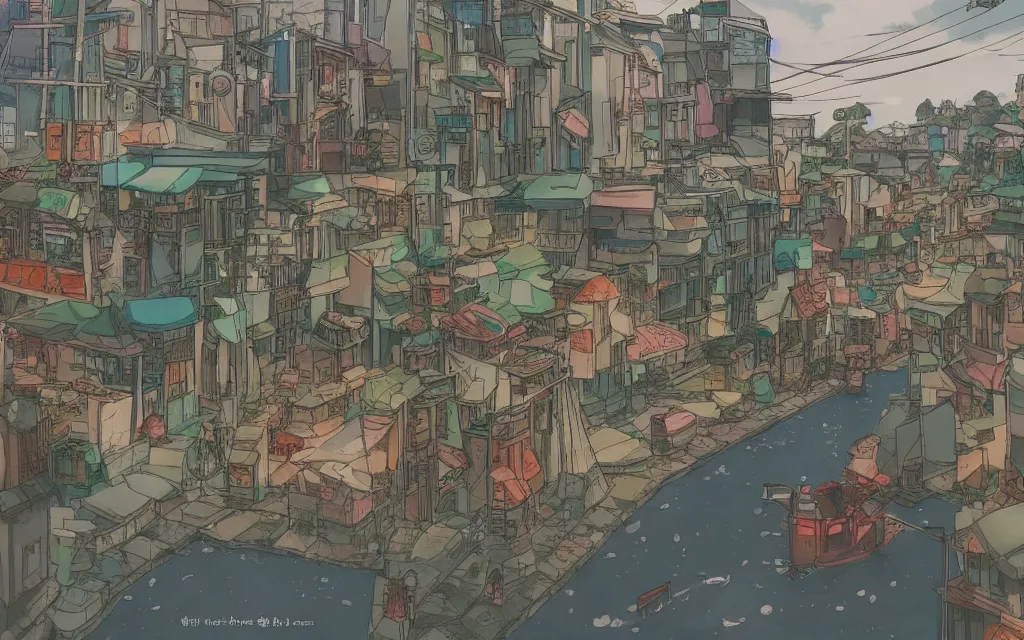 Image similar to a japanese city near the sea, lofi, dreamy, moody, very colorful, anime inspiration, ghibli vibe