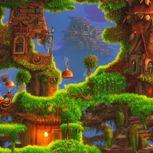 Prompt: A fantastical village inhabited by fairies, side-scrolling 2d platformer game level, swirling clouds, fantasy magical vegetation, dramatic dusk sun illuminates areas, volumetric light , detailed, rich color, upscale , 8k