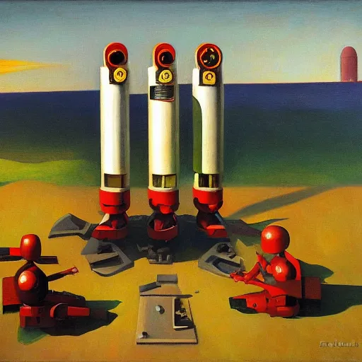 Prompt: battle robots in launch tubes, grant wood, pj crook, edward hopper, oil on canvas