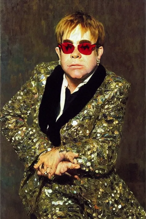 Image similar to Portrait of Elton John in 1970 by Ilya Repin