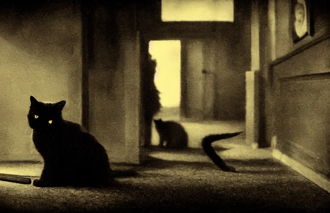 Image similar to wanders in disconsolate disarray half - eaten cat a romantic approach gun camera footage intact flawless ambrotype from 4 k criterion collection remastered cinematography gory horror film, ominous lighting, evil theme wow photo realistic postprocessing 8 k hyper real photo imax rectilinear lens pieter s aenredam