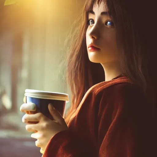 Image similar to a portrait of a girl drinking coffee , fantasy, anime , madhouse production, HDR, natural light, shoulder level shot, dynamic pose, award winning photograph, Mucha style 4k,