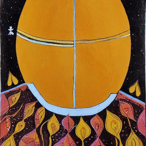 Image similar to pahari painting of golden cosmic egg