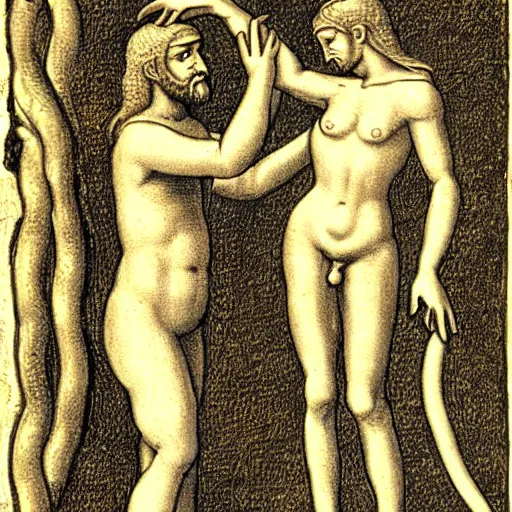 Image similar to depiction of adam and eve shaking hands with an anthromorphic snake