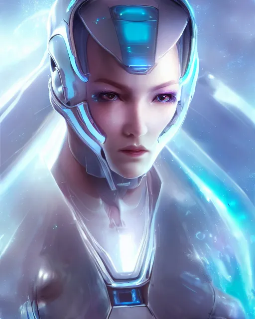 Image similar to perfect android girl on a mothership, warframe armor, beautiful face, scifi, futuristic, galaxy, nebula, raytracing, dreamy, long white hair, blue cyborg eyes, sharp focus, cinematic lighting, highly detailed, artstation, divine, by gauthier leblanc, kazuya takahashi, huifeng huang