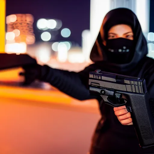 Image similar to photographic portrait of a techwear woman holding a Glock 18, closeup, on the rooftop of a futuristic city at night, sigma 85mm f/1.4, 4k, depth of field, high resolution, 4k, 8k, hd, full color