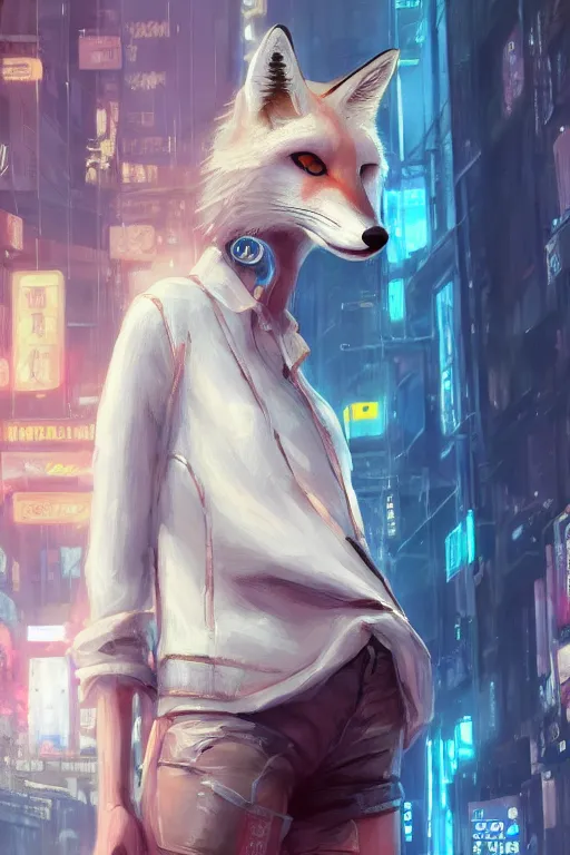 Image similar to beautiful portrait of a tall white female anthro fox smoking a cigarette towering head and shoulders above the bustling crowd of a rainy city street around her, cyberpunk clothes, cyberpunk, harsh neon lights, highly detailed, sharp focus, digital painting, illustration, trending on artstation, art by sakimichan, wlop, greg rutkowski