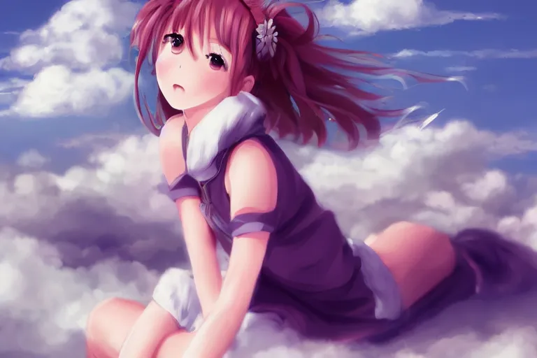 Image similar to a cute beautiful anime girl sitting on a cloud relaxing, digital painting, anime, portrait