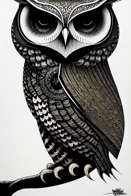 Image similar to side view of a majestic owl, high details, bold line art, by vincent di fate and joe fenton, inking, etching, screen print, masterpiece, trending on artstation, sharp, high contrast, hyper - detailed,, hd, 4 k, 8 k