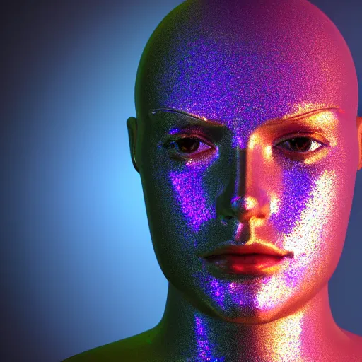 Image similar to 3d render of holographic human robotic head made of glossy iridescent, surrealistic 3d illustration of a human face non-binary, non binary model, 3d model human, cryengine, made of holographic texture, holographic material, holographic rainbow, concept of cyborg and artificial intelligence