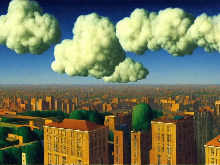 Image similar to city on clouds, painting by rene magritte, centered, high detail, high resolution