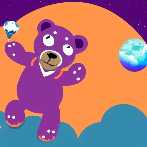 Image similar to cartoon animated illustration of a bear mascot being launched from a futuristic marble planet, purple and orange cloudland