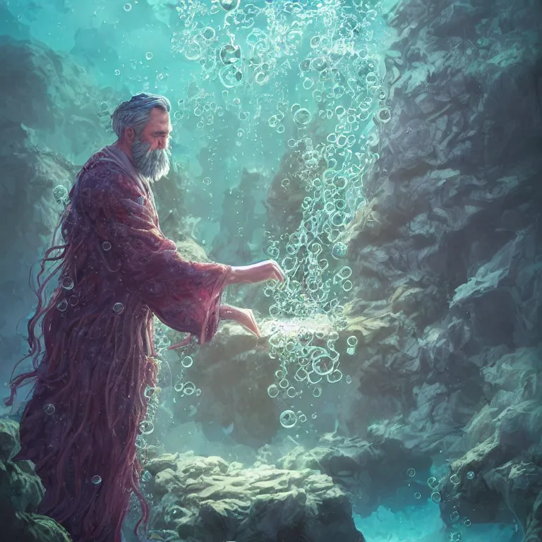 Prompt: an old wizard with seaweed for hairs and beard, wearing fluent multicolored robes in an underwater alchemical laboratory. digital illustration. fantasy. detailed. waterbubbles. by artgerm, wlop, james jean, andrei riabovitchev, marc simonetti, yoshitaka amano