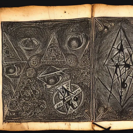 Prompt: scan of book with intricate drawings in charcoal and blood of occult drawings for a black magic ritual in a book about magic. laveyian feeling. by Agnes Cecil. on a parchment made from thin leather. the parchment is 2000 years old.