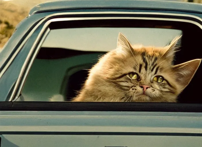 Image similar to A very high resolution image from a new movie, a cat driging around, inside of a car , mountains, Polaroid, directed by wes anderson