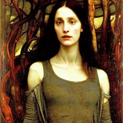 Image similar to portrait of hostile alien visitor, pre-raphaelite painting by john william waterhouse