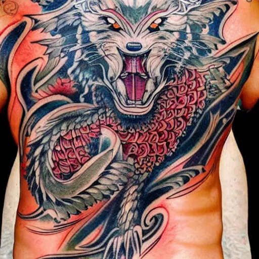 Prompt: photograph of a Japanese back tattoo, colourful ink, traditional Japanese pattern depicting a werewolf, highly-detailed, beautiful, award winning, 8k