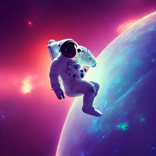 Prompt: an astronaut flying through a space nebula, planet close, intricate artwork by tooth wu and wlop and beeple, octane render, hyper realism, 8 k