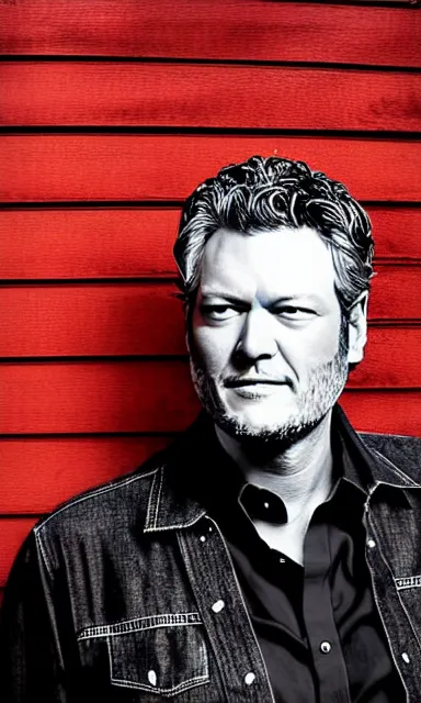 Image similar to portrait of blake shelton standing against barn wall by shepard fairey