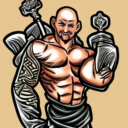 Image similar to muscular bald man, tattooed body, sword in hands, HD, anime style,