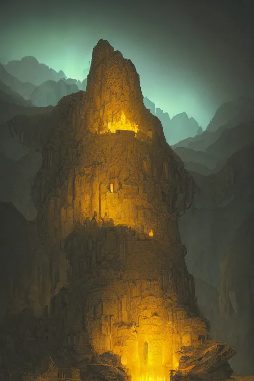 Image similar to yellow glowing ancient temple in a cave, star trails, dramatic lighting, artstation, matte painting, filip hodas, ralph mcquarrie