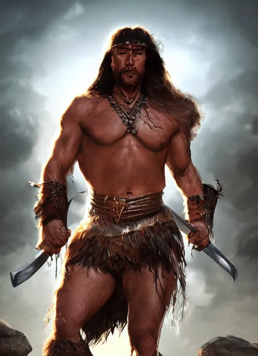 Prompt: comic book style portrait painting of conan the barbarian in a stunning fantasy setting, unreal 5, DAZ, hyperrealistic, octane render, dynamic lighting