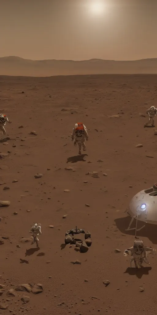 Image similar to concept art, american astronauts landing on mars, musk's mars migration program, new lightweight spacesuit, backlight, epic, high detail, 8 k, octane rendering, unreal engine.